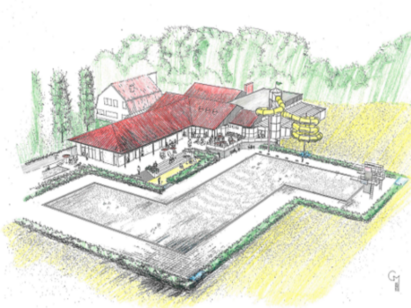 Das Bild zeigt die Skizze eines Gebäudes und eines Schwimmbeckens mit Wasserrutsche.