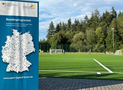 Das Bild zeigt im Vordergrund ein Roll-Up zum Bundesprogramm mit einer Deutschlandkarte, im Hintergrund ist ein Fußballfeld bei Sonnenschein zu sehen.