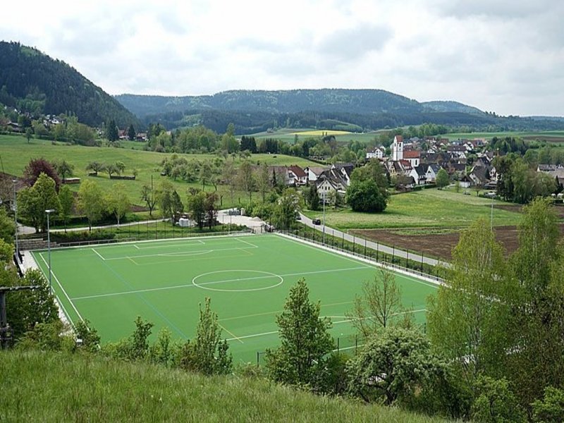 Das Bild zeigt ein Fußballfeld mit Flutlichtanlage in idyllischer Landschaft.