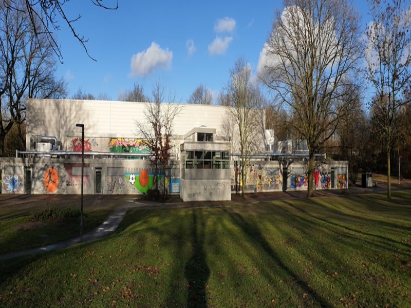 Das Bild zeigt ein helles Flachdachgebäude mit Graffitis zum Thema Sport, umgeben von Bäumen und Rasenfläche.