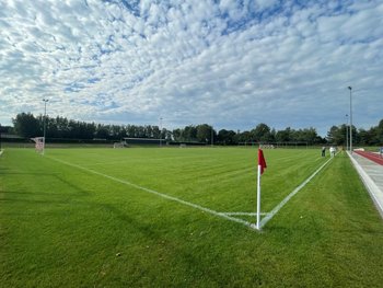 Das Bild zeigt einen grünen Naturrasenplatz. Im Vordergrund ist eine Fahne zu sehen, die den Eckpunkt des Spielfeldes markiert. Im Hintergrund sieht man Bäume, ein Tor und eine Flutlichtanlage. Am Rechten Rand ist eine Laufbahn zu erkennen.
