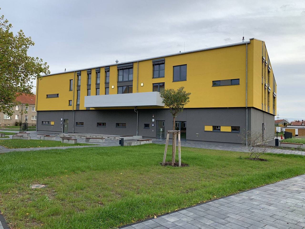 Außenansicht auf ein neu gebautes gelbes Gebäude mit frisch gepflanzem Baum und Rasenanlage