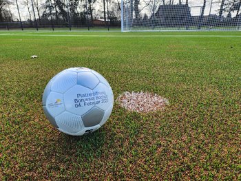 Auf dem Bild ist ein Fußball zu sehen. Er liegt auf dem Rasen eines Fußballplatzes.