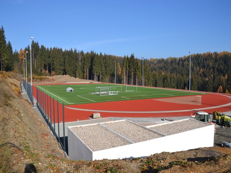 Das Bild zeigt eine Sportaußenanlage umgeben von Bäumen mit Flutlichtanlage und Fußballfeld in der Mitte.