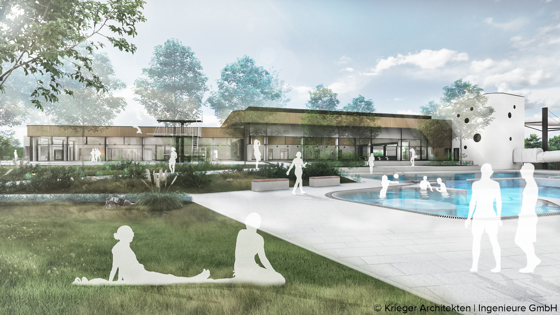 Quelle: Krieger Architekten | Ingenieure GmbH Man sieht die Visualisierung des künfigen Freibades mit einem kleinen Becken, einer Wiese sowie Silhouetten von Menschen.