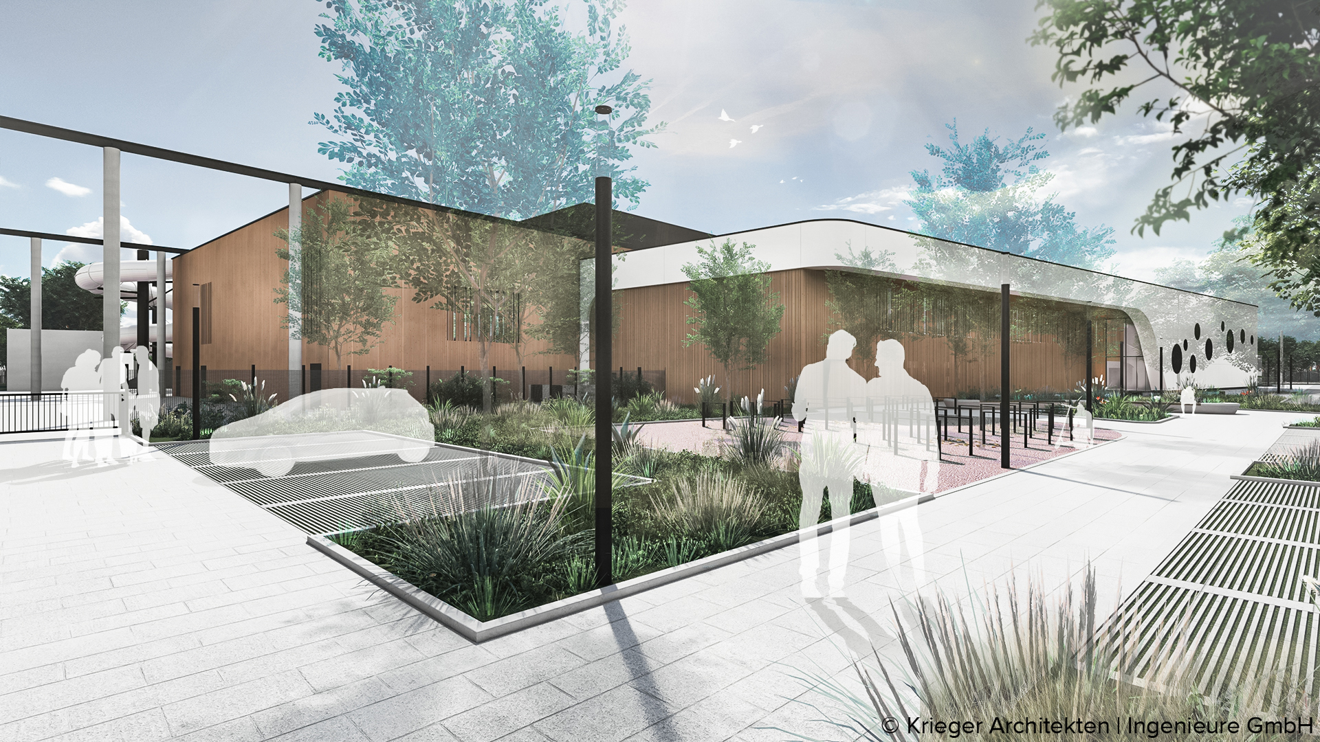 Quelle: Krieger Architekten | Ingenieure GmbH Man sieht die Visualisierung des künftigen Parkplatzes sowie Silhouetten von Menschen.