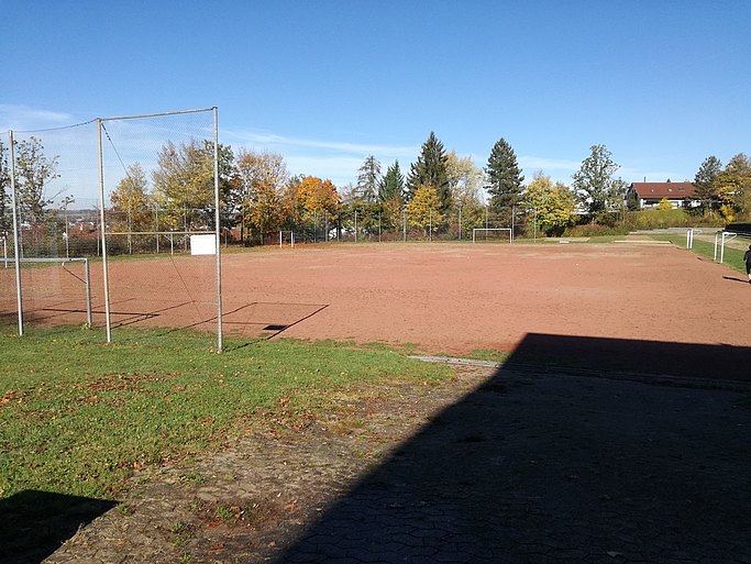 Auf dem Bild ist ein brauner Sportplatz zu sehen. Im Hintergrund sind Bäume zu sehen. Auf dem Sportfeld stehen mehrere Tore und ein Fangzaun. 