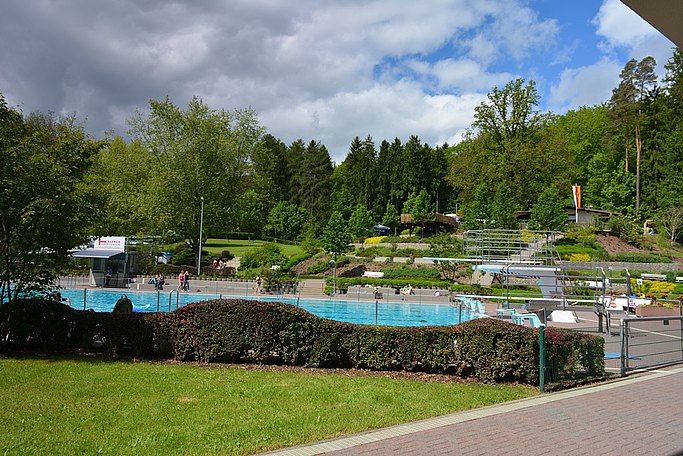 Das Bild zeigt ein Außenschwimmbecken, umgeben von Grünanlagen.