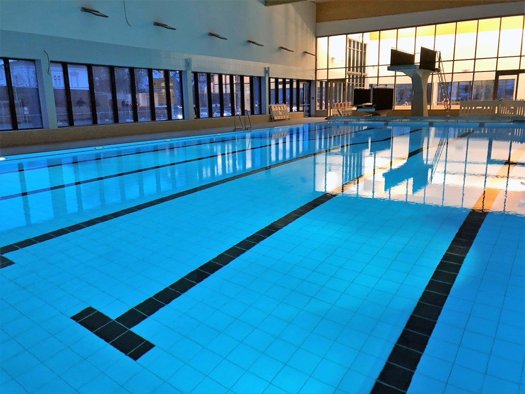 Das Bild zeigt ein Schwimmbecken in einem Hallenbad mit einer Sprunganlage.