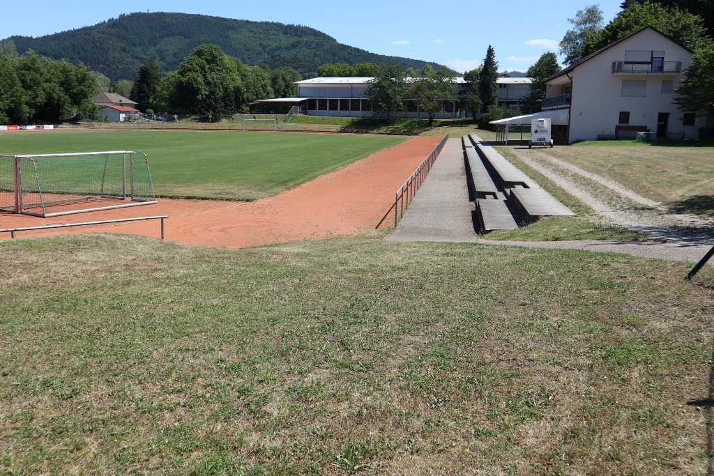 Man sieht eine Sportanlage mit Aschebahn und Rasen.
