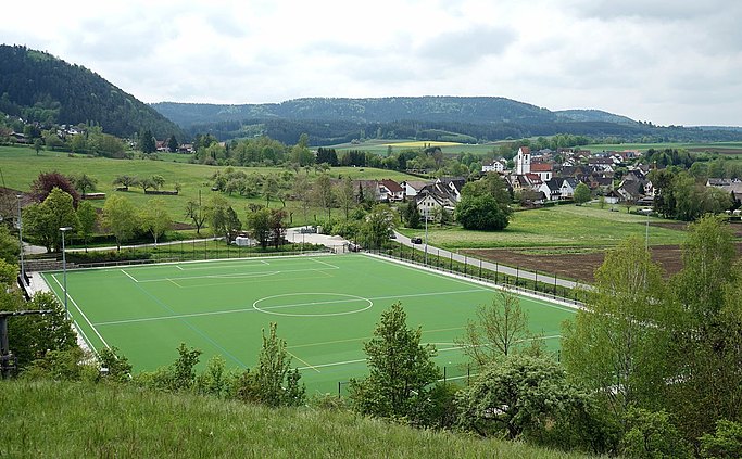 Das Bild zeigt ein Fußballfeld mit Flutlichtanlage in idyllischer Landschaft.
