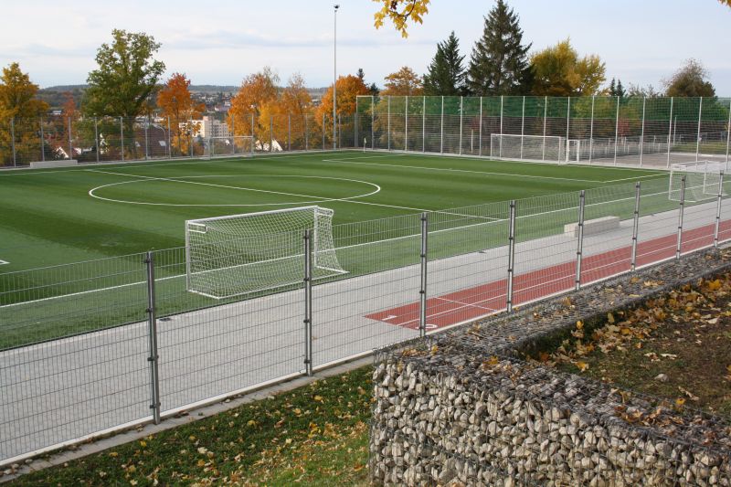 Das Bild zeigt einen Kunstrasenplatz mit weißen Markierungen und drei Fußballtoren. Auf der rechten Seite sieht man zwei Laufbahnen.. Das Feld umgibt ein hoher Zaun.