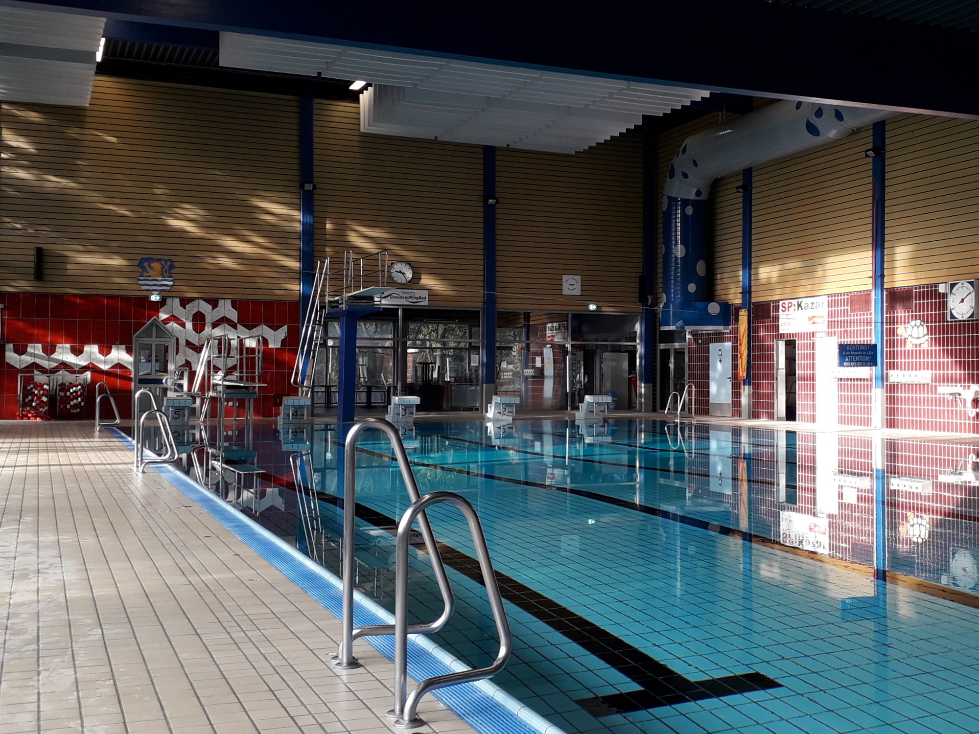 Das Bild zeigt ein Schwimmbecken mit Bahnen, Startblöcken, Sprungtürmen und Treppen.