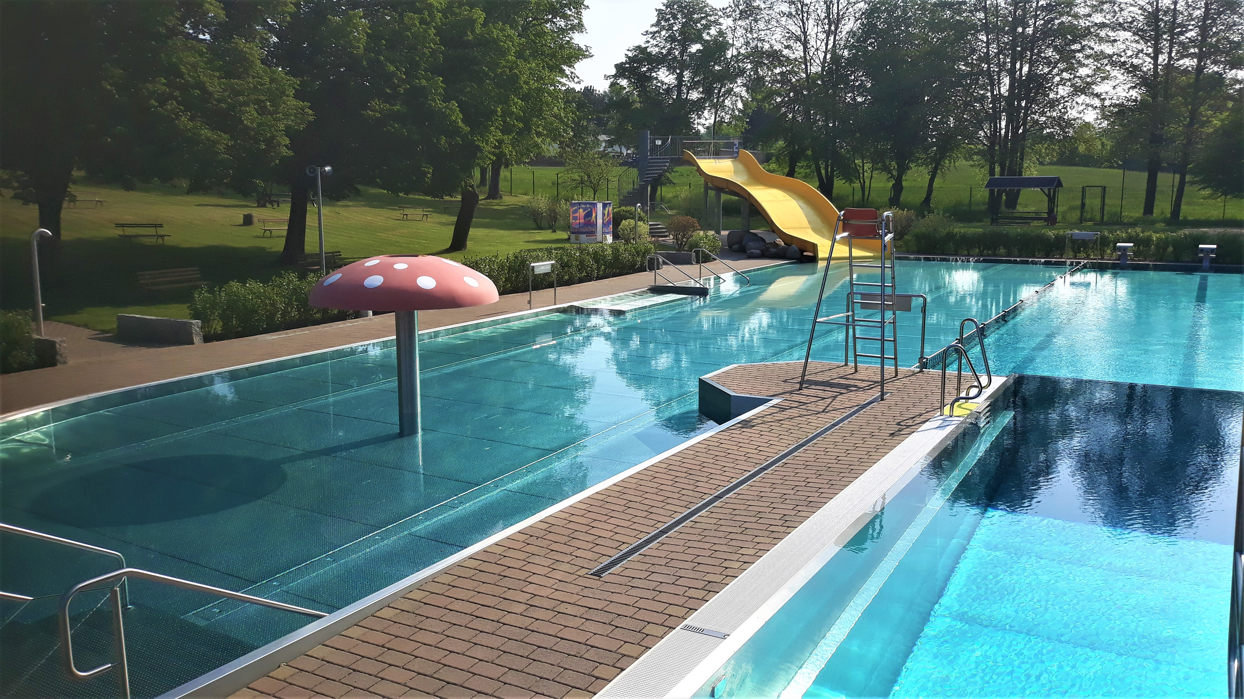 Das Bild zeigt ein Schwimmbecken umgeben von Grünanlagen.