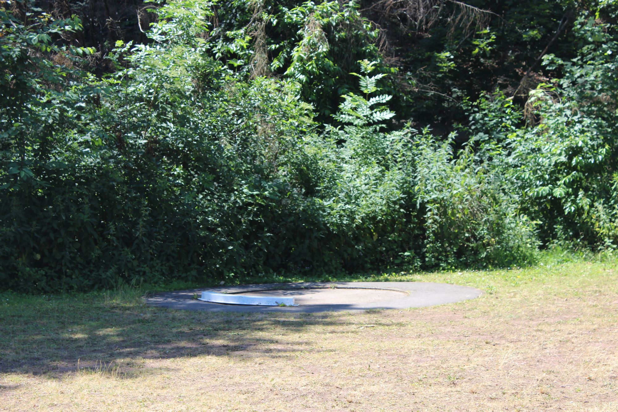 Das Bild zeigt eine Kugelstoßanlage. Der Rasen ist vertrocknet.